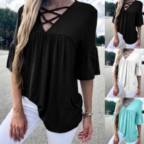 Fashion Solid Color Short Sleeve V-neck T-shirt 