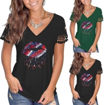 Fashion Red-lip Printed Tassel T-shirt
