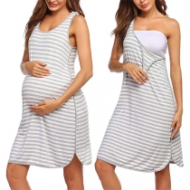 Fashion Sleeveless Round Neck Slit Hem Striped Maternity Dress