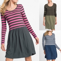 Fashion Long Sleeve Round Neck Striped Spliced Dress