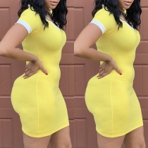 Fashion Contrast Color Short Sleeve V-neck Slim Fit Dress