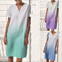 Fashion Short Sleeve V-neck Color Gradient Dress