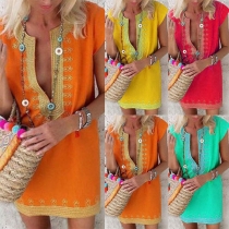 Ethnic Style Short Sleeve V-neck Printed Dress