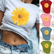 Fashion Daisy Printed Short Sleeve Round Neck T-shirt 
