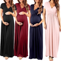 Sexy V-neck Short Sleeve High Waist Solid Color Maternity Dress