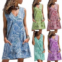 Fashion Sleeveless V-neck Printed Loose Dress