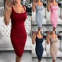 Sexy Backless U-neck Solid Color Slim Fit Tank Dress