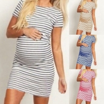 Fashion Short Sleeve Round Neck Striped Maternity Dress