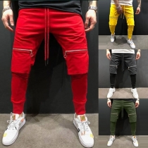 Fashion Solid Color Zipper Pocket Men's Casual Pants 