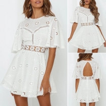 Sexy Hollow Out Lace Spliced Trumpet Sleeve Round Neck Dress