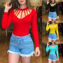 Sexy Hollow Out Round Neck Long Sleeve Slim Fit T-shirt 