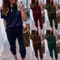 Sexy Oblique Shoulder Short Sleeve Solid Color Jumpsuit 