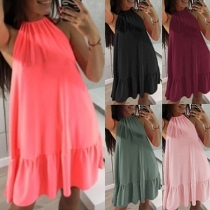 Sexy Backless Ruffle Hem Solid Color Sling Dress