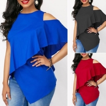 Sexy Off-shoulder Irregular Hem Solid Color Ruffle Top 