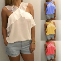 Sexy Off-shoulder Solid Color Crossover Ruffle Chiffon Top 
