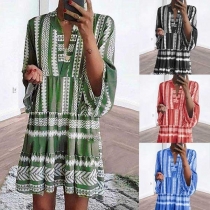 Ethnic Style 3/4 Sleeve V-neck Printed Dress