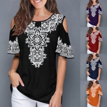 Sexy Off-shoulder Short Sleeve Round Neck Printed T-shirt   