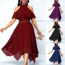 Sexy Off-shoulder High Waist Irregular Hem Solid Color Dress