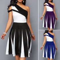 Sexy One-shoulder Sleeveless Contrast Color Dress