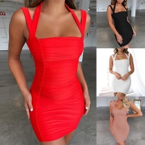 Sexy Backless Solid Color Slim Fit Halter Dress