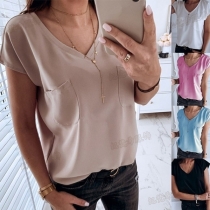 Fashion Solid Color Short Sleeve V-neck Loose T-shirt 