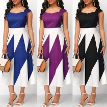 OL Style Sleeveless Square Collar High Waist Contrast Color Dress