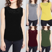 Fashion Solid Color Sleeveless Round Neck Lace Spliced T-shirt 