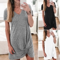 Fashion Solid Color Short Sleeve Round Neck Twsited Hem Dress