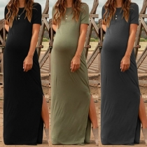 Simple Style Short Sleeve Slit Hem Solid Color Maternity Dress