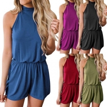 Sexy Backless Sleeveless Mock Neck Solid Color Romper 