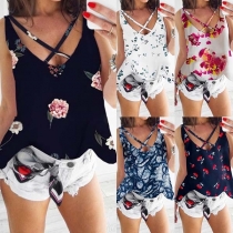 Sexy Crossover V-neck Sleeveless Printed Top 