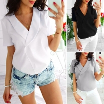 OL Style Short Sleeve Lapel Solid Color Blouse 