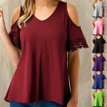 Sexy Off-shoulder Lace Spliced Short Sleeve Solid Color T-shirt 