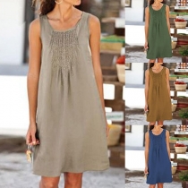 Fashion Solid Color Sleeveless Round Neck Wrinkled Dress