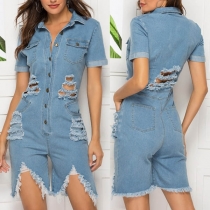 Chic Style Short Sleeve POLO Collar Ripped Denim Romper 