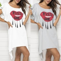 Fashion Lotus Sleeve Irregular Hem Tassel Dress