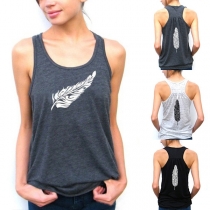 Casual Style Feather Printed Round Neck Tank Top 
