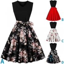 Fashion Striped Spliced Sleeveless Round Neck Printed Dress