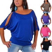 Sexy Slit Dolman Sleeve Round Neck Solid Color T-shirt 