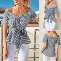 Sexy Off-shoulder V-neck Short Sleeve Striped Top 