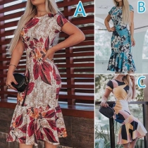 Fashion Short Sleeve Round Neck Ruffle Hem Printed Dress