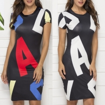 Fashion Colorful Letters Printed Short Sleeve Round Neck Dress