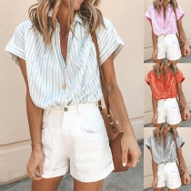 Fashion Short Sleeve POLO Collar Striped Shirt 
