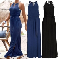 Sexy Off-shoulder Slit Hem High Waist Printed Sling Maxi Dress