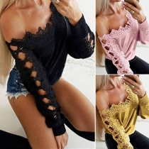 Sexy Lace Spliced Boat Neck Long Sleeve Knit Top 