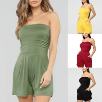Sexy Strapless High Waist Solid Color Slim Fit Romper 