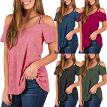 Sexy Off-shoulder Short Sleeve Solid Color Sling T-shirt 