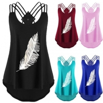 Sexy Backless High-low Hem Feather Printed Sling T-shirt 