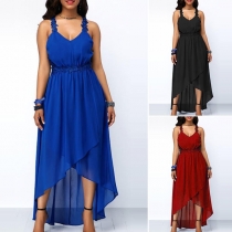 Sexy Backless V-neck High-low Hem Solid Color Sling Dress