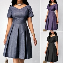 Elegant Solid Color Short Sleeve V-neck High Waist Dress